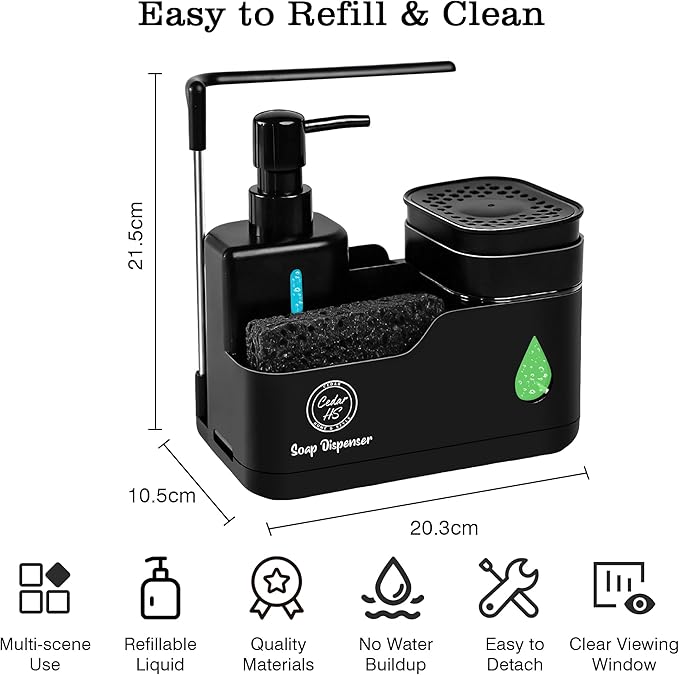 Kitchen Hand and Dish Soap Dispenser Set (Black) – Dual Pump Bottles with Sponge Caddy, Brush Holder, Towel Bar & Drain Rack – Space-Saving Countertop Organizer for Sink & Bathroom