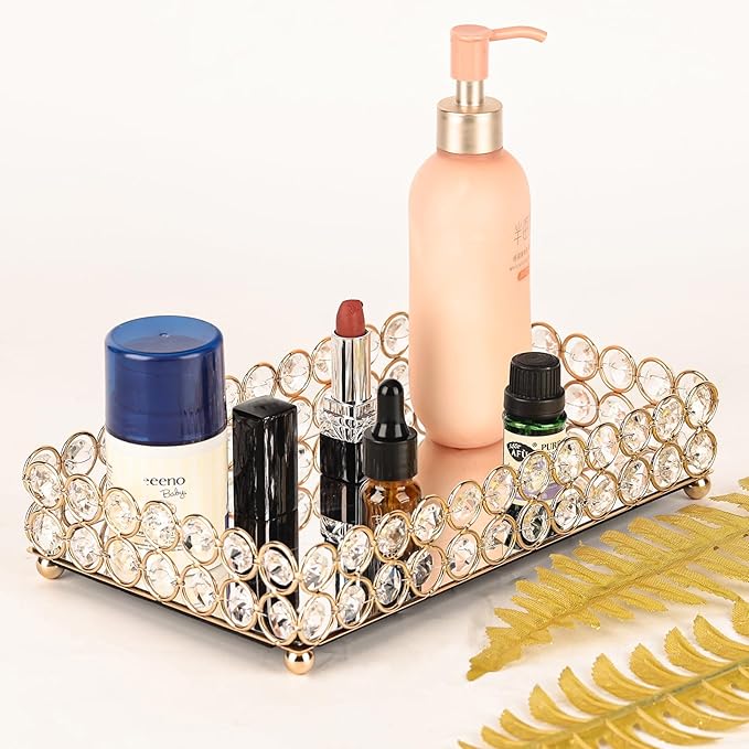Elegant Gold Crystal Mirror Perfume Tray for Vanity, Coffee Table, and Home Decor - Small Glass Tray for Jewelry, Perfume, and Decorative Items - Bandeja para Perfumes, Perfume Trays for Dresser