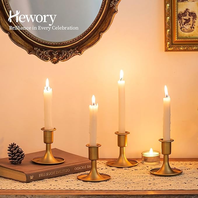 Gold Taper Candle Holder Set of 6, Hewory Short Skinny Brass Candlestick Holders, Vintage Small Low Metal Candles Sticks for Wedding Centerpieces Christmas Birthday Party Holiday Dinning Table Decor