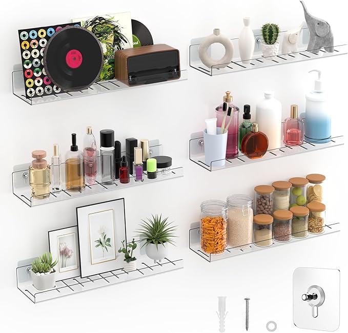 LAZYROSY 6 Pack Floating Shelves - Clear Acrylic/PET Wall Mounted Non-Drilling Storage Rack with Adhesive, Invisible Bathroom and Bedroom Shelves for Kitchen, Living Room, Clear Decoration