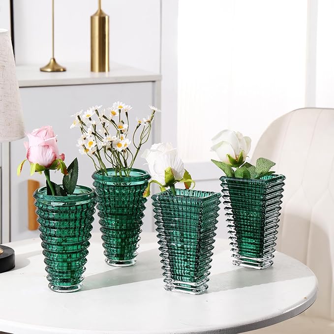 MCMCNCUIU Crystal Flower Vase Set of 4, Glass Vases for Centerpieces, Green Vases for Flowers, Small Vase for Living Room, Bedroom, Kitchen, Office, Wedding