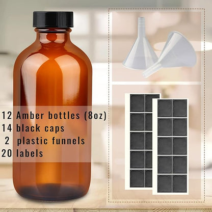 12 Pack 8 oz Amber Glass Bottles, 240ml Boston Round Sample Bottles with Black Poly Cone Caps, Labels and Funnels