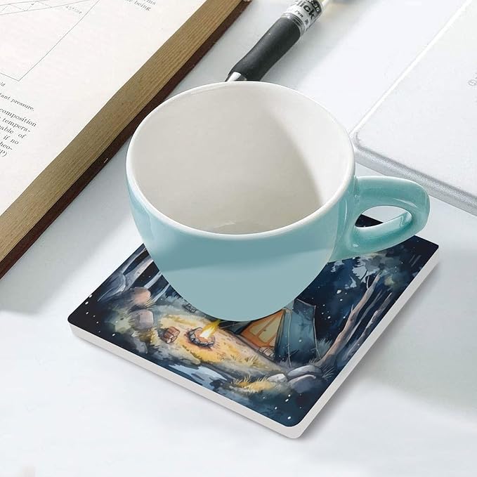Forest Drink Coasters, Square Ceramic Drink Coaster Square-6PCS, Watercolor Mountain Forest Nature Tree Woodland Camping Decor Absorbent Ceramic Coasters for Beverage Cup, Bar, Coffee Table