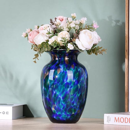 Hand Blown Glass vase, Blue Wide Mouth Large vase for Home Decorative Bouquet, Suitable for Office Living Room TV Stand Kitchen Dining Table Centerpiece Bookshelf entryway Desktop Decoration.