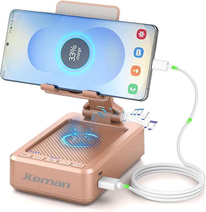 JTEMAN Cell Phone Stand with Bluetooth Speaker,HD Sound Adjustable Phone Holder,Birthday Gifts for Men Women, Cool Tech Kitchen Gadgets for Most Phones and Tablets-Rose Gold