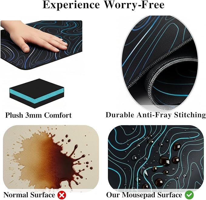 Topographic XXL Mouse Pad (47.2x23.6 Inch), Giant Gaming Desk Mat with Stitched Edges, Waterproof Non-Slip Full Desk Pad, Aesthetic Blue Line Art Decor