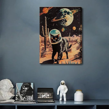 Ijeroain Black Space Cats Wall Art Funny Cat Wall Decor Pictures Cat astronaut painting artwork Cosmic planet Whimsical Print for Boys and Girls Room Bedroom home decoration 16x24in Canvas