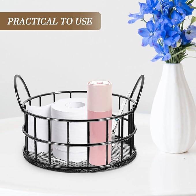 Round Wire Storage Basket for Desk, Makeup Organizer, Small Iron Basket with Handle for Home, Office, Bathroom, Black, 3.93X2.75 Inch