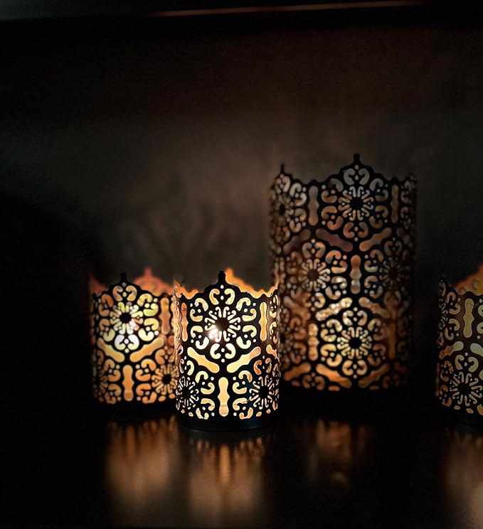 Hosley's Set of 2 Flower 7" High Cut Bronze Candle Holder & Lantern. Ideal for Use with Hosley Highly Scented Candles, Jar Candles. Can be Used as a Decorative Centerpiece in Your Living/Dining Room