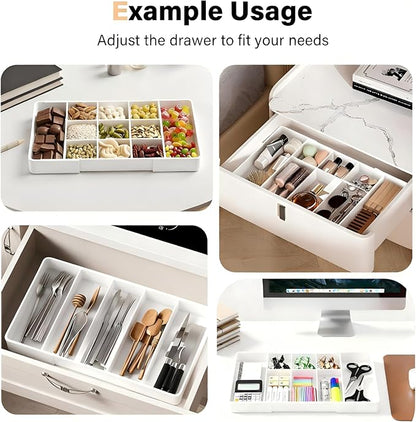 Expandable Desk Drawer Organizer, Acrylic Drawer Organizer Trays with 11 Adjustable Compartments 6 Removable Dividers Desk Accessories for Makeup Utensil Junk Office Kitchen Bathroom ( White, 1Pcs )