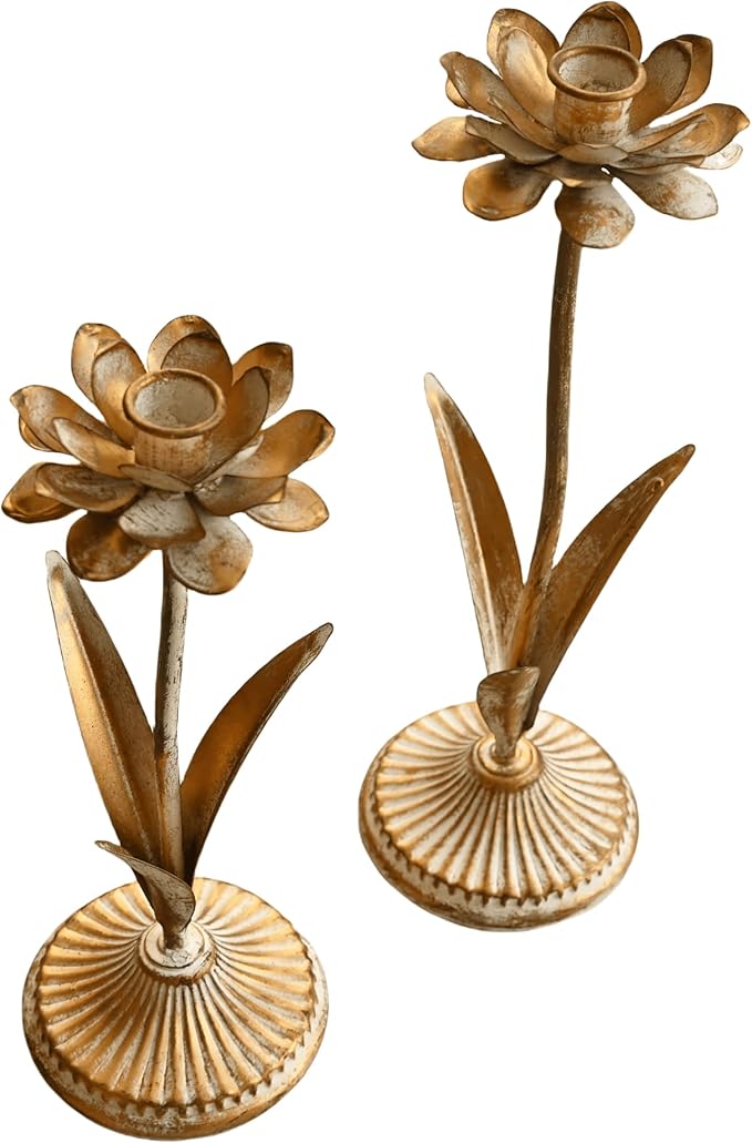 Antique Gold Metal Flower Taper Candle Holder, Rustic Farmhouse Style, Set of 2, Centerpiece Wedding Festive Christmas Mantel Decoration