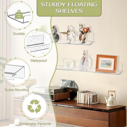 Boxalls Acrylic Clear Shelves - 6 Pack, 15 Inches Wall Storage Organizer Floating Shelf for Bathroom, Bedroom, Kitchen Variety Room, High Transparency Acrylic Waterproof Shelves