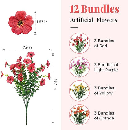 12 Bundles Artificial Flowers for Outdoors Decorations, Spring Summer Multicolor Realistic Faux Silk Daisy, UV Resistant Fake Flowers for Patio Home Decor Garden Planter Window Box Yard