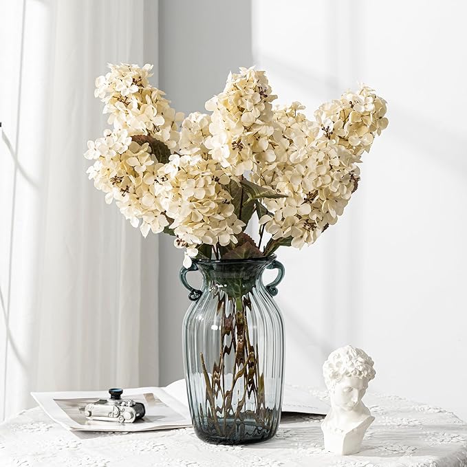 Hydrangea Artificial Flowers,Fall Hydrangeas Artificial Flowers, Fake Fall Dried Hydrangea Decoration,Faux Silk Flower with Stems Winter Decor Without Vase（Cream White 8PCS