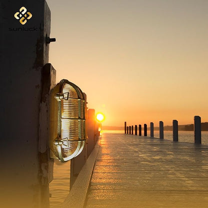 Sunluck Brass Bulkhead Light,Grid Oval Nautical Wall Light,Lampshade,Ceiling Mount Lighting,Sauna Light Waterproof IP65,Rust Resistant,for Wet Location Bath,Seaside,Ship,Basement,Garage