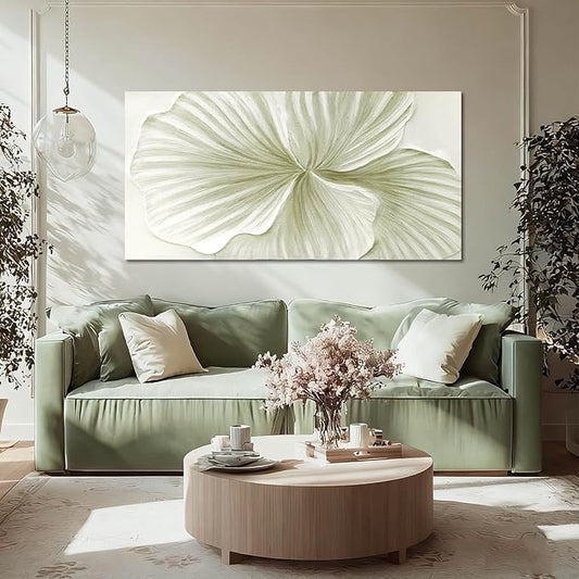 MLART99 Abstract Leaf Wall Art Modern Ginkgo Canvas Hand-drawn Painting 24x48 Green and White Large Artwork Minimalist Decoration for Living Room Bedroom Office Home