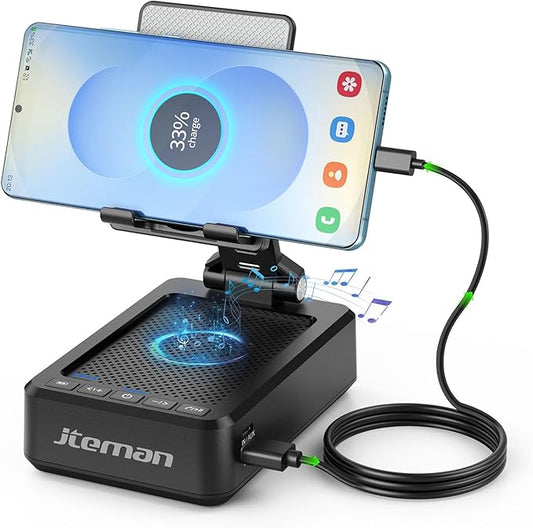 JTEMAN Cell Phone Stand with Bluetooth Speaker,HD Sound Adjustable Phone Holder,Birthday Gifts for Men Women, Cool Tech Kitchen Gadgets for Most Phones and Tablets-Black