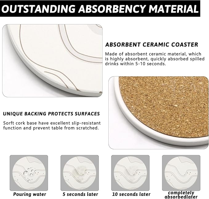 Coaster Set of 4, Drink Coasters with Holder, Absorbent Ceramic Coasters for Dining Table, 4 Inch Round Coasters Set for Drinks, Cup Coaster for Home Decor, Housewarming Gift, (R&C)