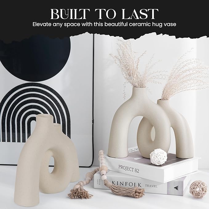 Ceramic Hug Vase (Creamy White) Modern Donut Style Hugging Vases for Flowers Minimalist Decor – Hollow Ceramic Waterproof Home Decor Vases for Living Room, Bed Room, Book Shelf, Entryway, Table