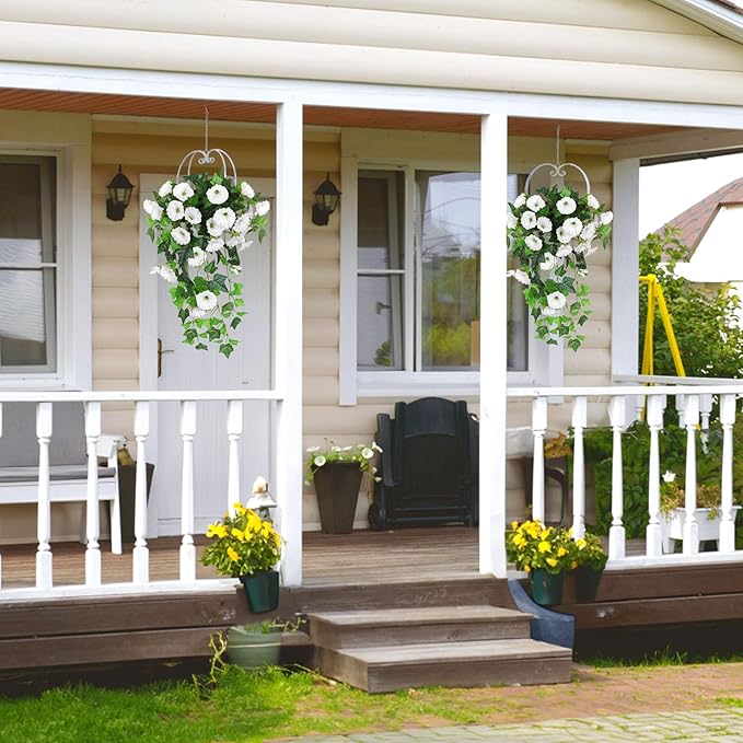RECUTMS Artificial Fake Hanging Flowers Plants for Outdoor Spring Decor, 2 Pcs UV Resistant Faux Petunias Trailing Plants Realistic Flower Look Real for Door Wall Yard Porch Garden Planter (White)