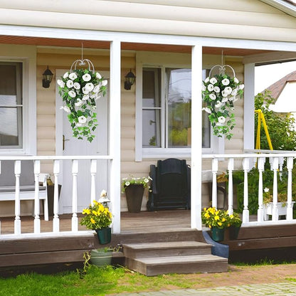 RECUTMS Artificial Fake Hanging Flowers Plants for Outdoor Spring Decor, 2 Pcs UV Resistant Faux Petunias Trailing Plants Realistic Flower Look Real for Door Wall Yard Porch Garden Planter (White)