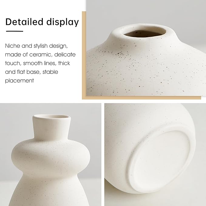 White Ceramic Vase Set of 3 Small Flower Vases for Home Decor, Modern BohoVase for Pampas Grass, Round Decorative Vases Table Centerpieces for Wedding Living Room Shelf Coffee Table (White Vase - A)