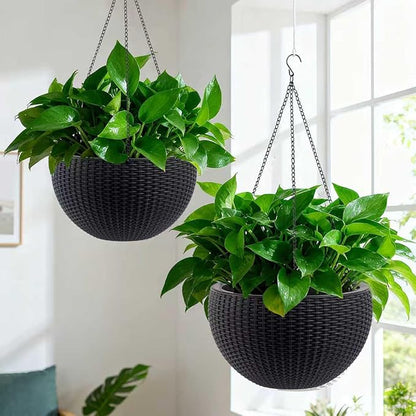 2Pack 13.5" High Hanging Planters for Outdoor/Indoor Plants, Self Watering Hanging Pot with Water Level Indicato, Drainage Holes and Chain for Garden Porch, Black