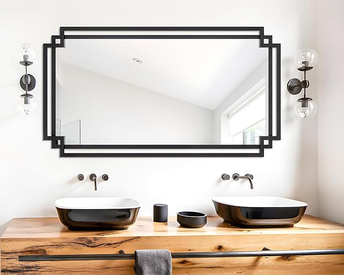 28" x 55" Living Room Mirror for Wall Decor, Large Decorative Mirror with Metal Frame, Modern Black Wall Decor for Bathroom, Entrance, Bedroom, Horizontal or Vertical