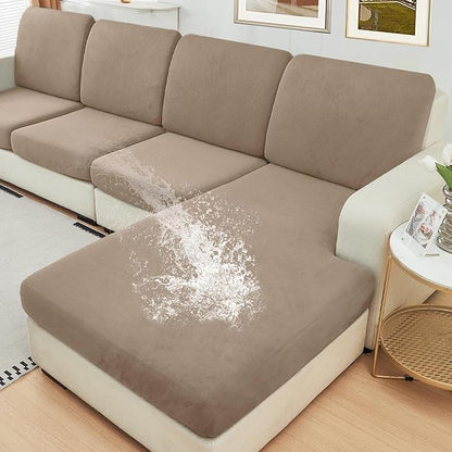 NAISI Waterproof Couch Cushion Covers Thick Velvet Fabric Washable Sofa Slipcovers Sectional Couch Covers for 4 Pieces Separate L Shape Couch Cover with Elastic Bottom(3 Seater + 1 Chaise,Sand)