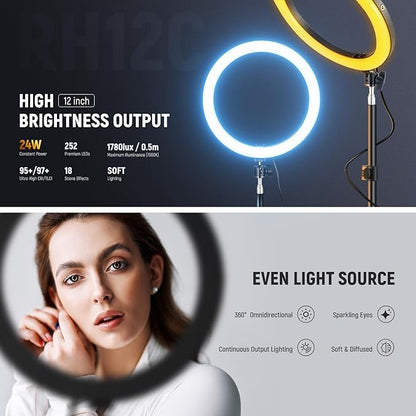 NEEWER 12" 24W High Power RGB LED Ring Light USB C PD Input Phone Selfie Lighting with Tripod Stand 2500-10000K CRI95+ TLCI97+ 1780lux/0.5m for iPhone Makeup Video Recording Studio Photography, RH12C