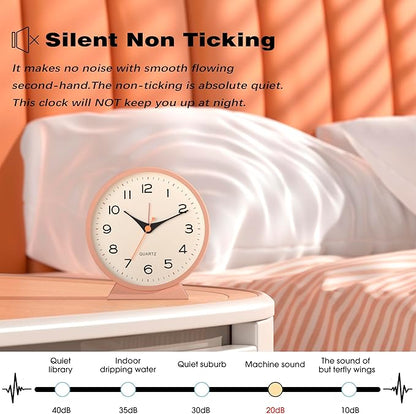AYRELY® 4.5" Analog Alarm Clock,Small Retro Desk Clock Battery Operated,Slient Metal Table Clock with Light for Living Room Decor,Bedroom,Bedside,Shelf(Light Pink)