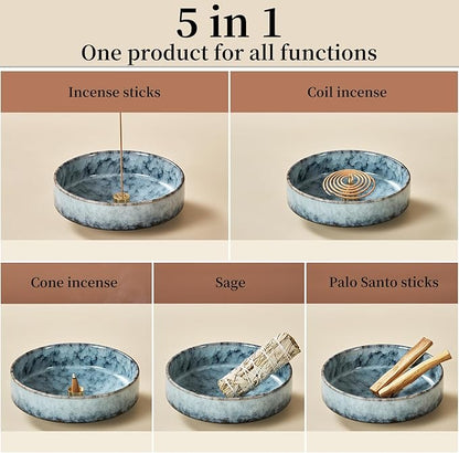 5.9" Ceramic Incense Holder with 10 Holes,5in1 Incense Tray for Sticks,Coil,Cone,Sage,Palo Santo,Handcrafted Burner Ash Catcher Smudge Bowl for Yoga Meditation Energy Cleansing Room Décor,Blue