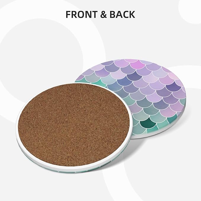 6 Pcs Ceramic Coasters with Holder Absorbent Drink Round Teal Pink Mermaid Fish Scales Design for Home Table Coffee Cup Wine Beer Bar,Size 4.4 inches