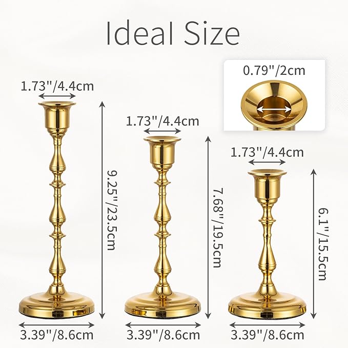 Brass Candlestick Holders Vintage: Gold Taper Candle Holder Metal Candle Sticks Holder Antique Decoration for Dinning Table Mantel Wedding Centerpieces Christmas Party Set of 3