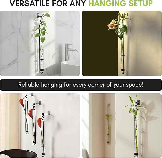 COURONNE CO. Florence Hanging Pendant Tube Vase with Wall Hook, Clear Flower Holder, Glass Vases for Flowers, Wall Plant Hanger for House Vase Decor, 16.’’H, Pack of 2