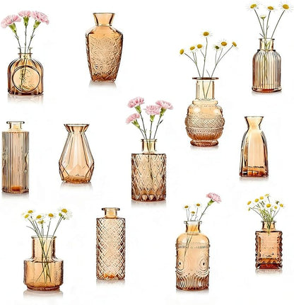 Bud Vases Set of 12, Small Mini Glass Vases for Centerpieces - Elegant Vintage Style - Perfect for Table Decor, Wedding, Party Centerpieces - Great Gift for Home Decor Lovers (Amber)