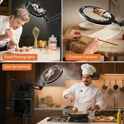 Ring Light Tripod for iPhone Overhead Camera Mount, LUXSURE Ring Light with Stand and Phone Holder with Casters & Flexible Arm, Phone Tripod with Light for Video Recording,Live Streaming,Cooking