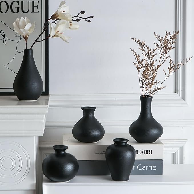 Tanvecle Small Black Vases, Ceramic Bud Vase Set of 5, Mini Pottery Vases for Pampas Grass, Flowers, Decorative Vases for Home Modern Decor, Rustic Decor, Veses for Living Room Dining Table Shelves