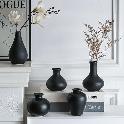 Tanvecle Small Black Vases, Ceramic Bud Vase Set of 5, Mini Pottery Vases for Pampas Grass, Flowers, Decorative Vases for Home Modern Decor, Rustic Decor, Veses for Living Room Dining Table Shelves