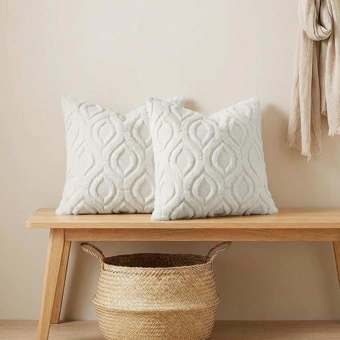 decorUhome Spring Euro Sham Throw Pillow Covers 22x22 Inch Set of 2, Soft Plush Faux Wool Cream Beige Solid Couch Pillow Covers, Accent Farmhouse Neutral Square Pillow Cases for Sofa Bed Living Room