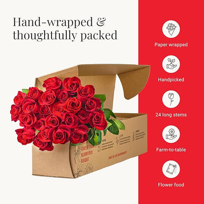 BloomsyBox - Red Roses - 24 Long Stems,Long Lasting, Hand-Tied in Eco-friendly,Vase Not Included, Fresh Flowers for Delivery – Gift for Birthday, Anniversary,Congratulations, Wedding