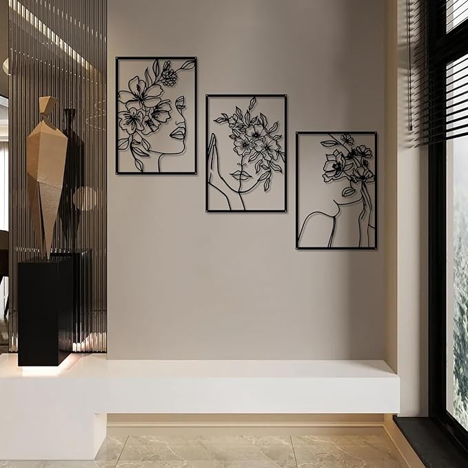 DETENE 3 Pieces Black Metal Wall Decor Minimalist Abstract Metal Wall Art Modern Woman Line Art Decor Single Line Art Décor for Living Room Bedroom Bathroom Kitchen Office(L Size 17 x 11.8'')