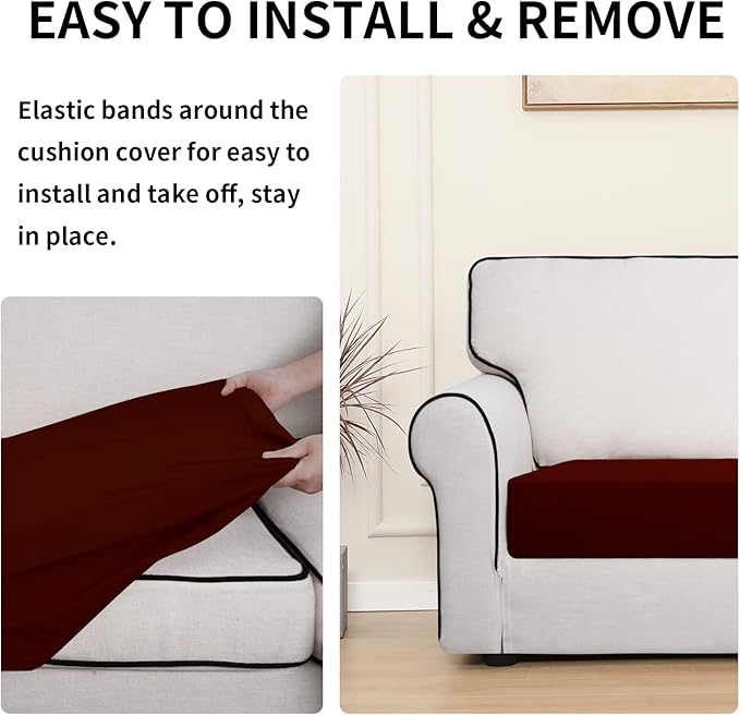 Easy-Going 100% Waterproof Chair Sofa Seat Cushion Slipcovers Couch Cushion Cover Stretch Furniture Protector for Kids, Pets (3-Piece Sofa Cushion, Wine)