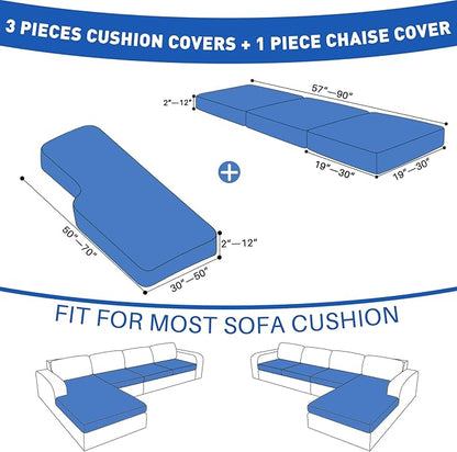 MAXIJIN Waterproof 4 Pieces Couch Cushion Covers for Sectional Sofa Seat Slipcover Stretch Sectional Couch Cover for L Shape Left/Right Chaise with Elastic Bottom (3 Seater + 1 Chaise, Light Gray)