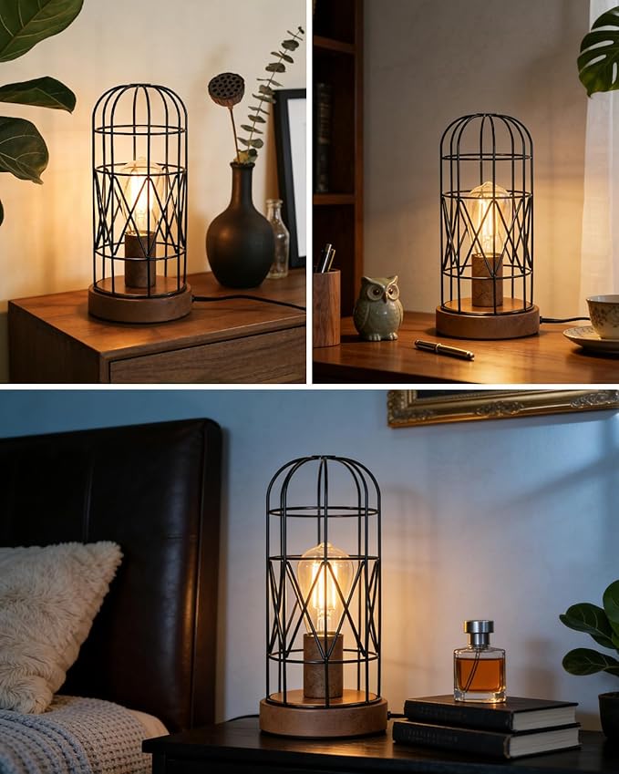 Unique Industrial Cage Table Lamp with Touch Control & Dimmable Light - 28" Metal Mesh Desk Lamp with 3-Way Dimmer, E26 Socket, Includes LED Bulb, Black