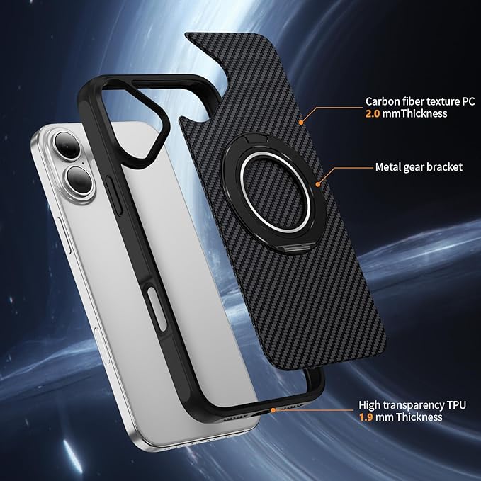 Mag-Stand Carbon Fiber Case for iPhone 17, 360° Rotate Magnetic Stand, Compatible with MagSafe, 15FT Military Protection, Slim Shockproof Magnetic Kickstand Mag Phone Case for Men Women Black
