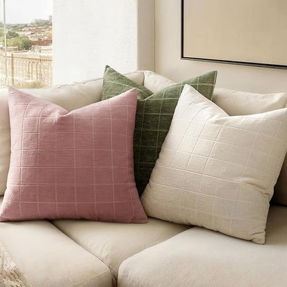 MIULEE Valentines Decorative Chenille Throw Pillow Covers Vintage Plaid Couch Pillows 18x18 Inch Set of 2 Boho Farmhouse Cushion Covers Modern Spring Home Decor for Sofa Bed Living Room Blush Pink
