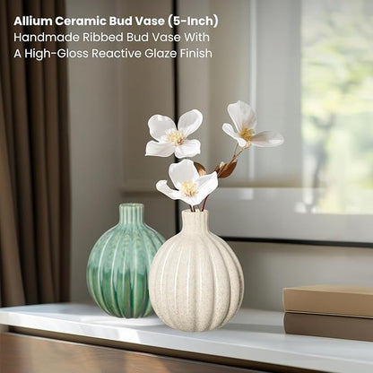 Torre & Tagus Allium Reactive Glaze Ceramic Bud Vase - 5 Inch Small Flower Vase & Small Ceramic Vases for Flowers, Handmade Ribbed Bud Vases for Home Decor & Wedding Decor for Table