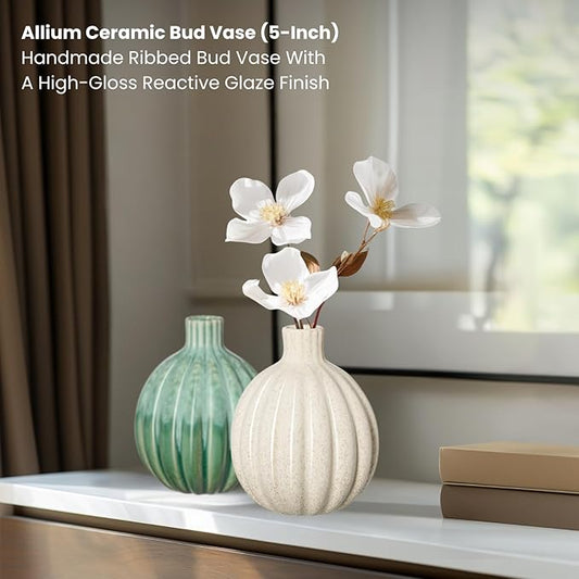 Torre & Tagus Allium Reactive Glaze Ceramic Bud Vase - 5 Inch Small Flower Vase & Small Ceramic Vases for Flowers, Handmade Ribbed Bud Vases for Home Decor & Wedding Decor for Table