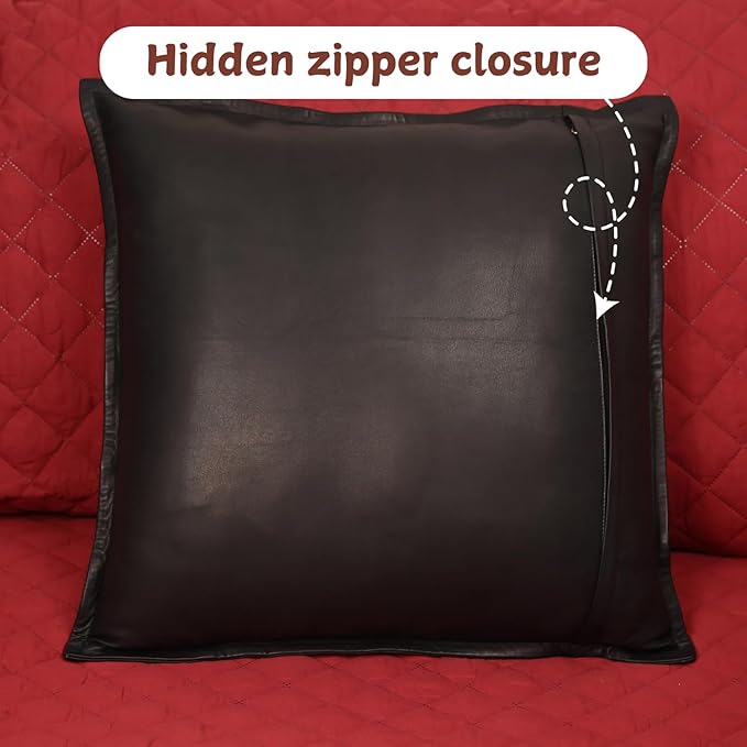 Lambskin Leather Pillow Cover - Sofa Cushion Case - Decorative Throw Covers for Living Room & Bedroom, 16x16 Inches - Black Box Pack of 1